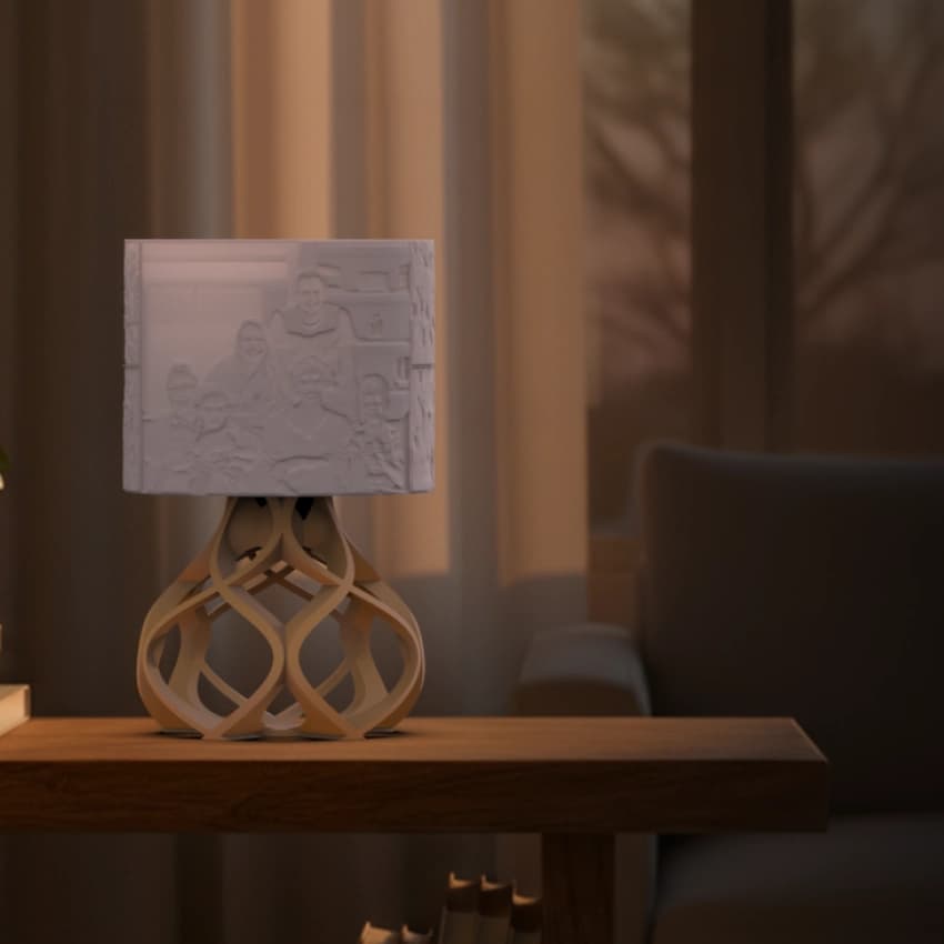 Aurora Personalized 3D printed photo lamp turned off on a wooden table in a cozy living room interior.