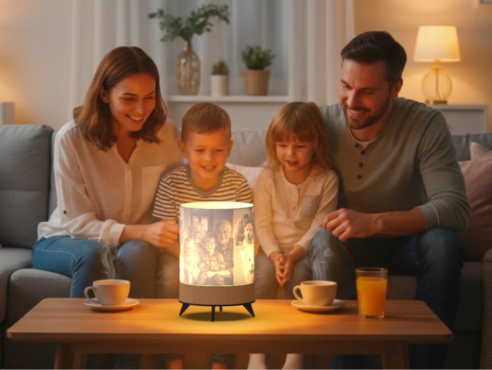 Obitelj gleda upaljenu personaliziranu lampu