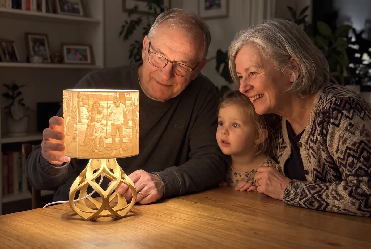 Baka, djed i unuka uz personaliziranu lampu s obiteljskim fotografijama