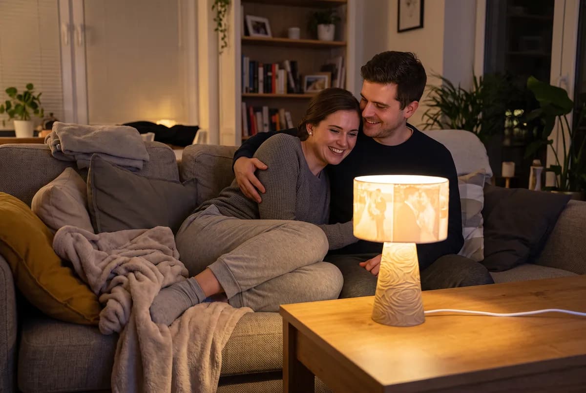 Par na kauču uz upaljenu personaliziranu lampu